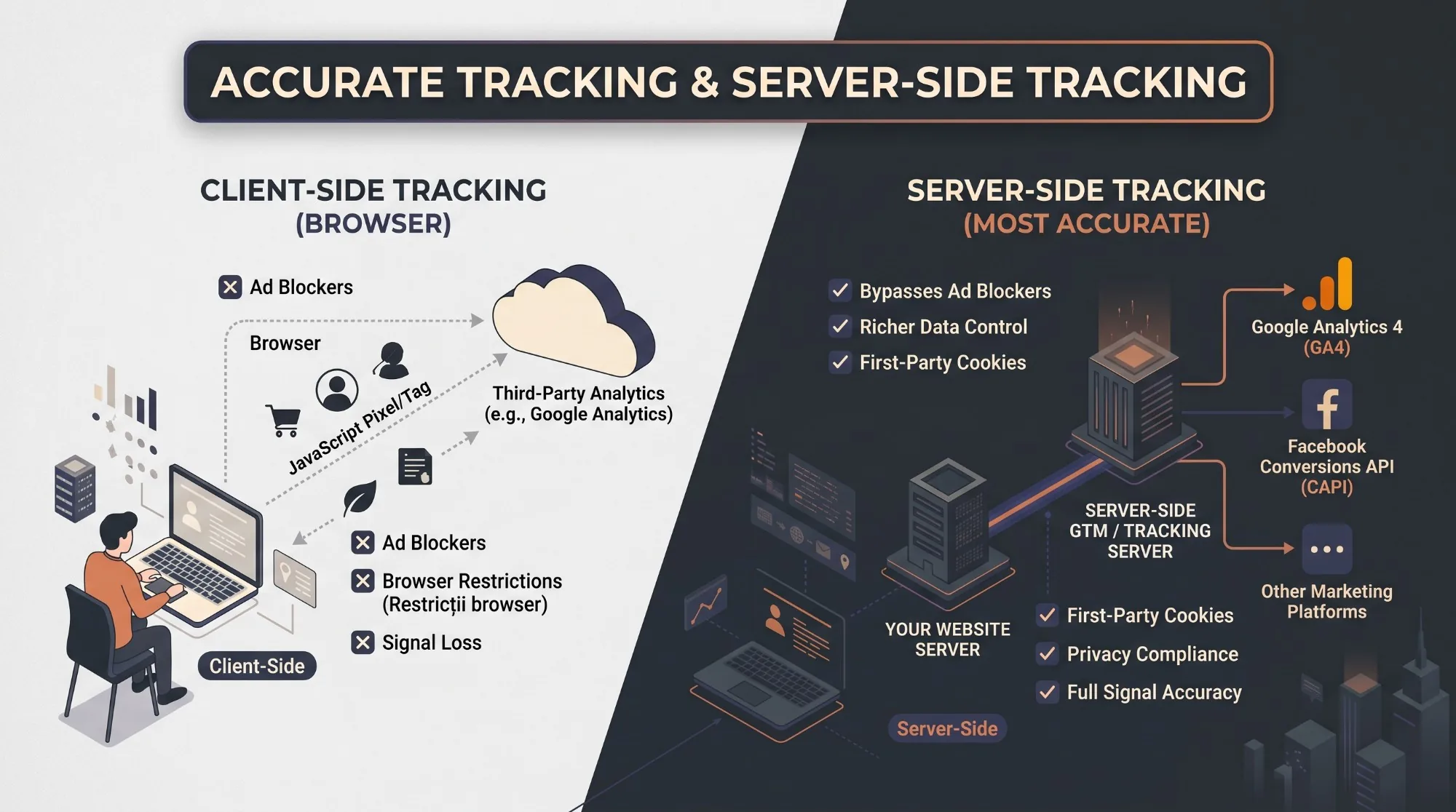 Diagram: tracking in the browser loses signals to ad blockers and browser limits; server-side tracking passes them to GA4, the Meta Conversions API and other platforms