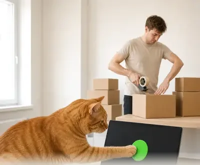 A cat pressing a big green button next to a man packing boxes