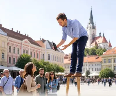 A man standing on a very tall stool above a crowd in a city square