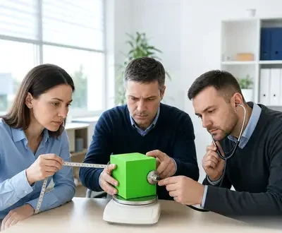 Three people measuring the same green cube with a tape, a stethoscope and a scale