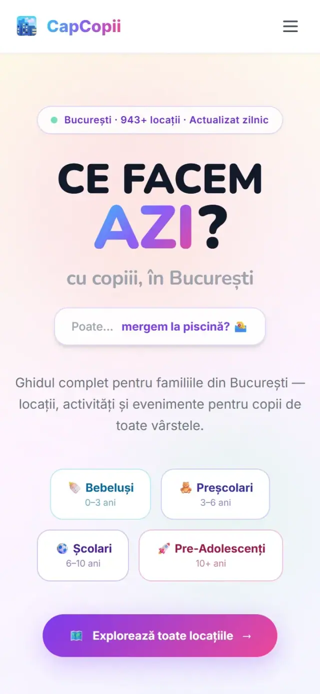 Capitala Copiilor: Homepage scroll, mobile